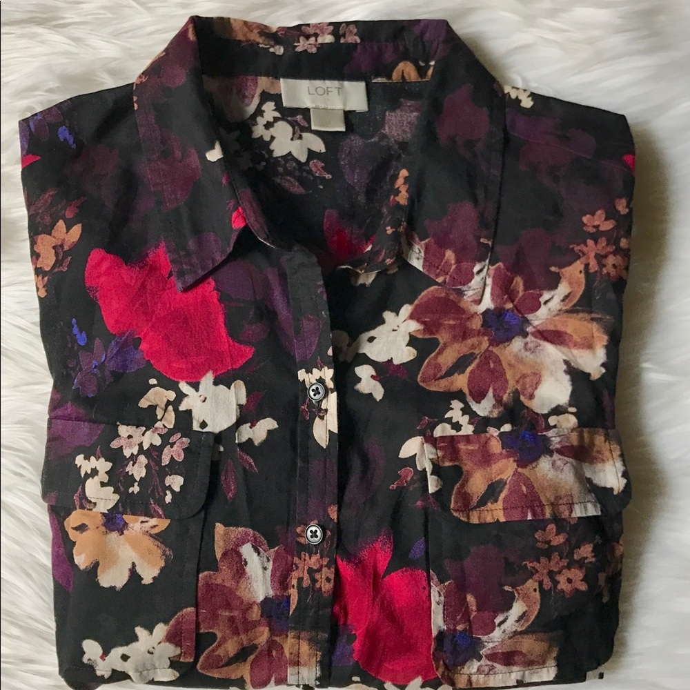 Floral Print LOFT Shirt Blouse Black Pink Cream M